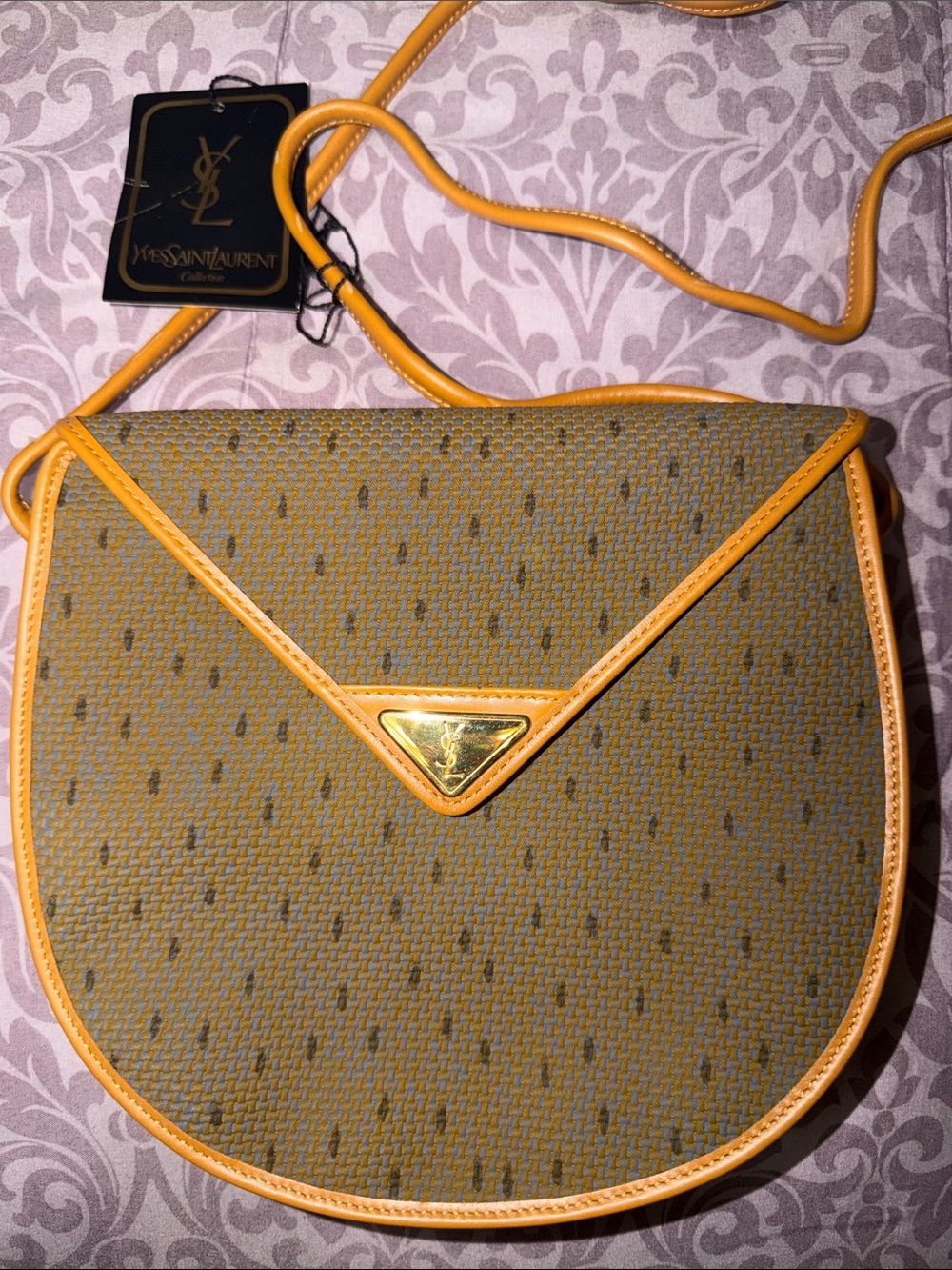 Yves Saint Laurent Olive Woven Crossbody with Yellow Trim